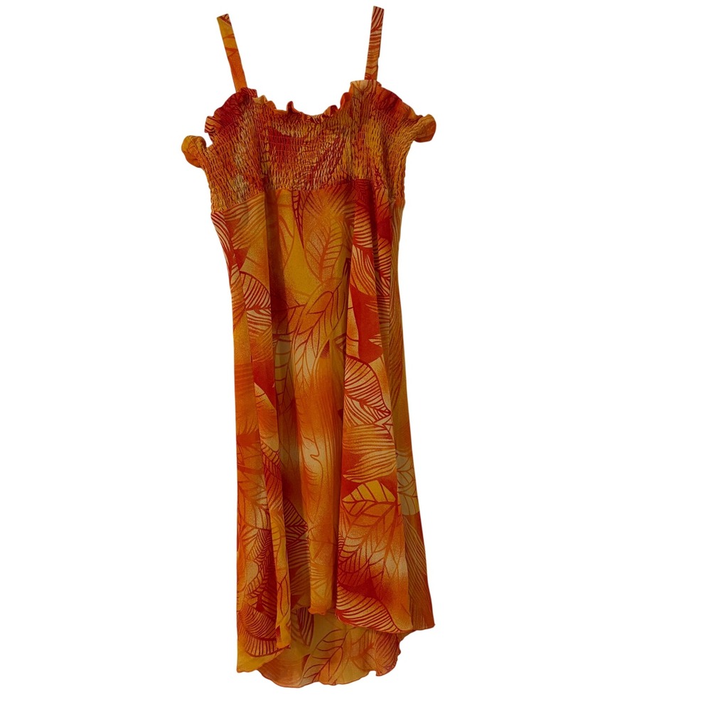 Ashley Stewart Orange Tropical‎ Leaf Smocked High Low Midi Dress Plus Size 16W